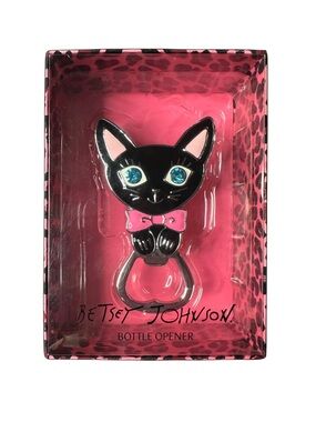 Betsey Johnson Black Cat Bottle Opener with Pink Bow and Blue Eyes